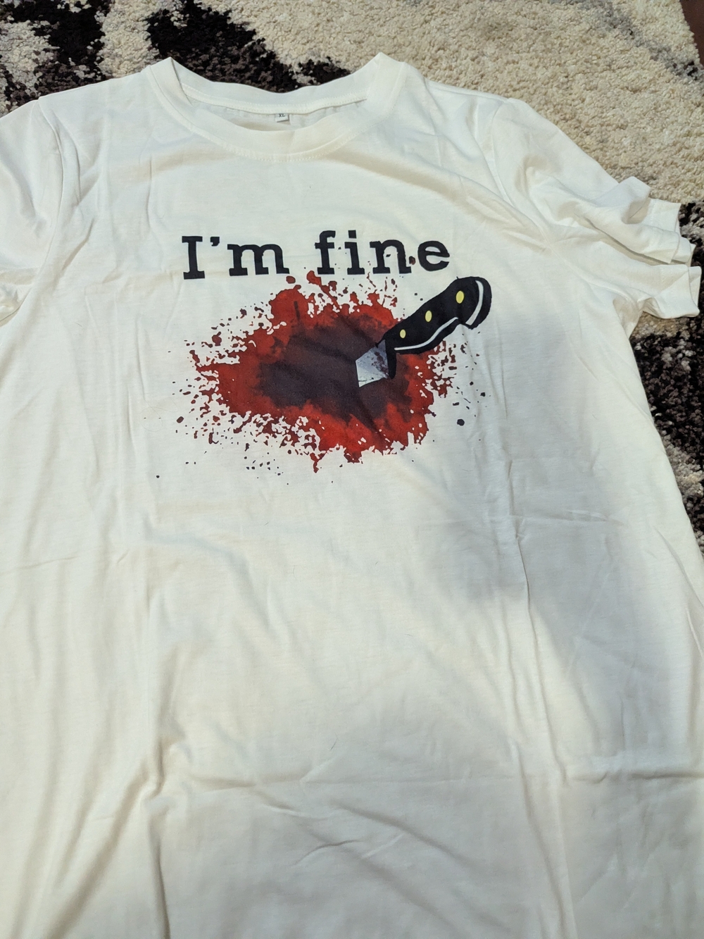 Men's White Graphic Tee with 'I'm fine' Knife Print